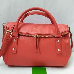 Kate Spade Red Pebbled Leather Foldover Zipper Closure Satchel Crossbody Bag